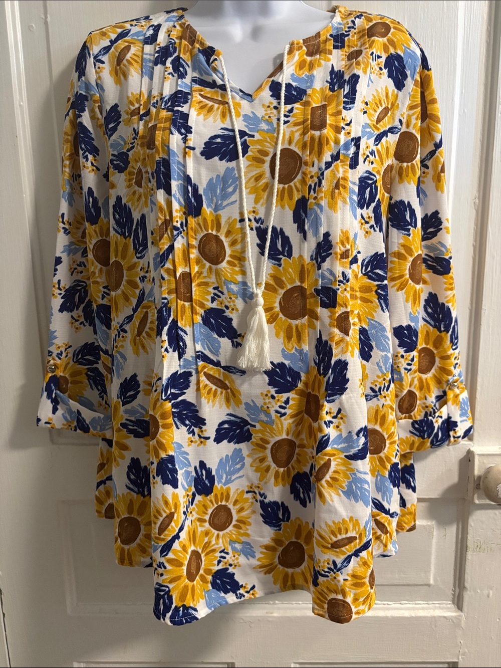 Kim Rogers  NWT Women's Sunflower Print Peasant Top - Yellow & Blue Size XL
